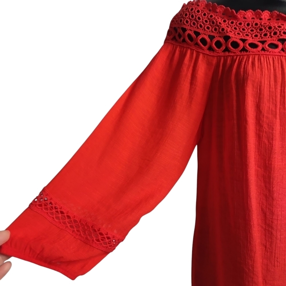 AGB Women's Red Off the Shoulder Embroidered 3/4 Sleeves Top Blouse Size Small - Picture 5 of 10